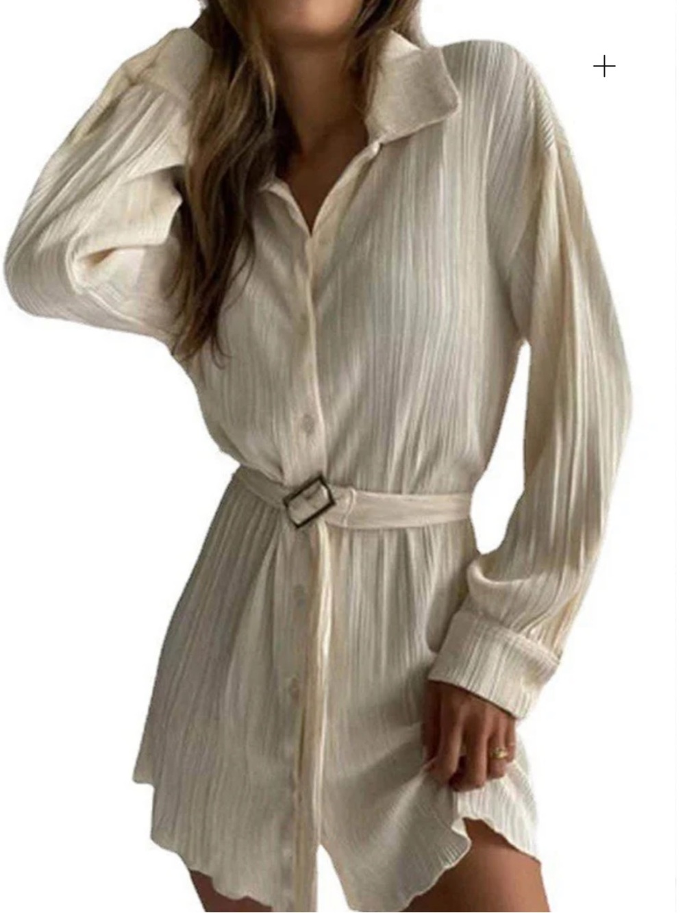 Light cream pleated shirt dress featuring a matching tie belt size S